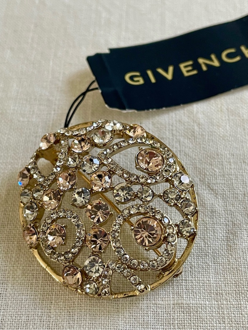 NWT Givenchy Gold-Tone Crystal Round Brooch - Blush & Clear